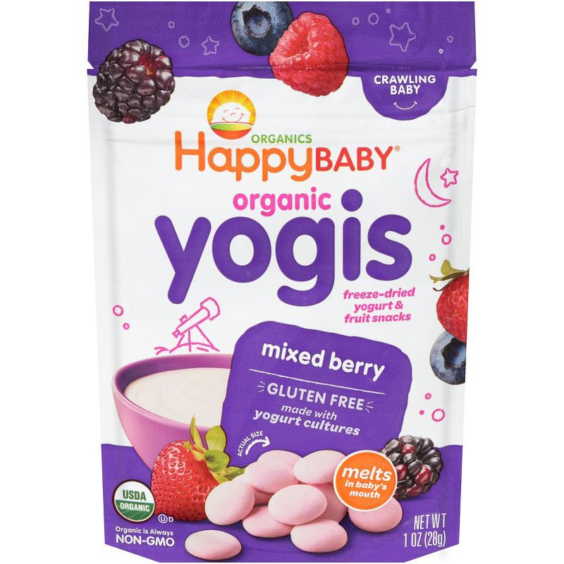 slide 1 of 3, Happy Family HappyBaby Organic Yogis Mixed Berry Yogurt & Fruit Baby Snacks - 1oz, 1 oz