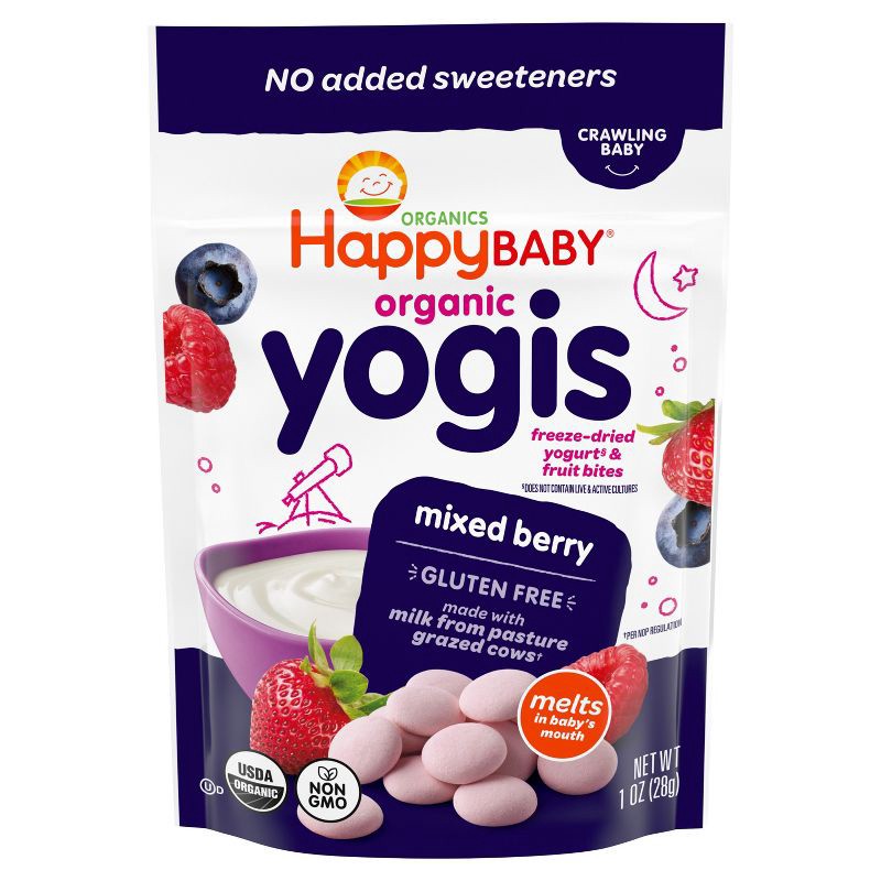 slide 1 of 11, Happy Baby Organic Yogis Freeze-Dried Yogurt & Fruit Baby Snacks - Mixed Berry - 1oz: 9 Months and Up, 3rd Stage, Ready to Eat, 1 oz