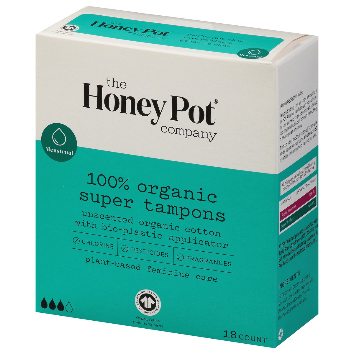 slide 7 of 9, The Honey Pot Super 100% Organic Unscented Tampons 18 ea, 18 ct