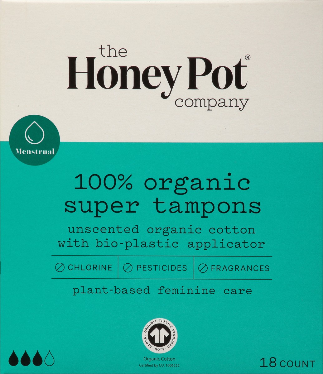 slide 6 of 9, The Honey Pot Super 100% Organic Unscented Tampons 18 ea, 18 ct