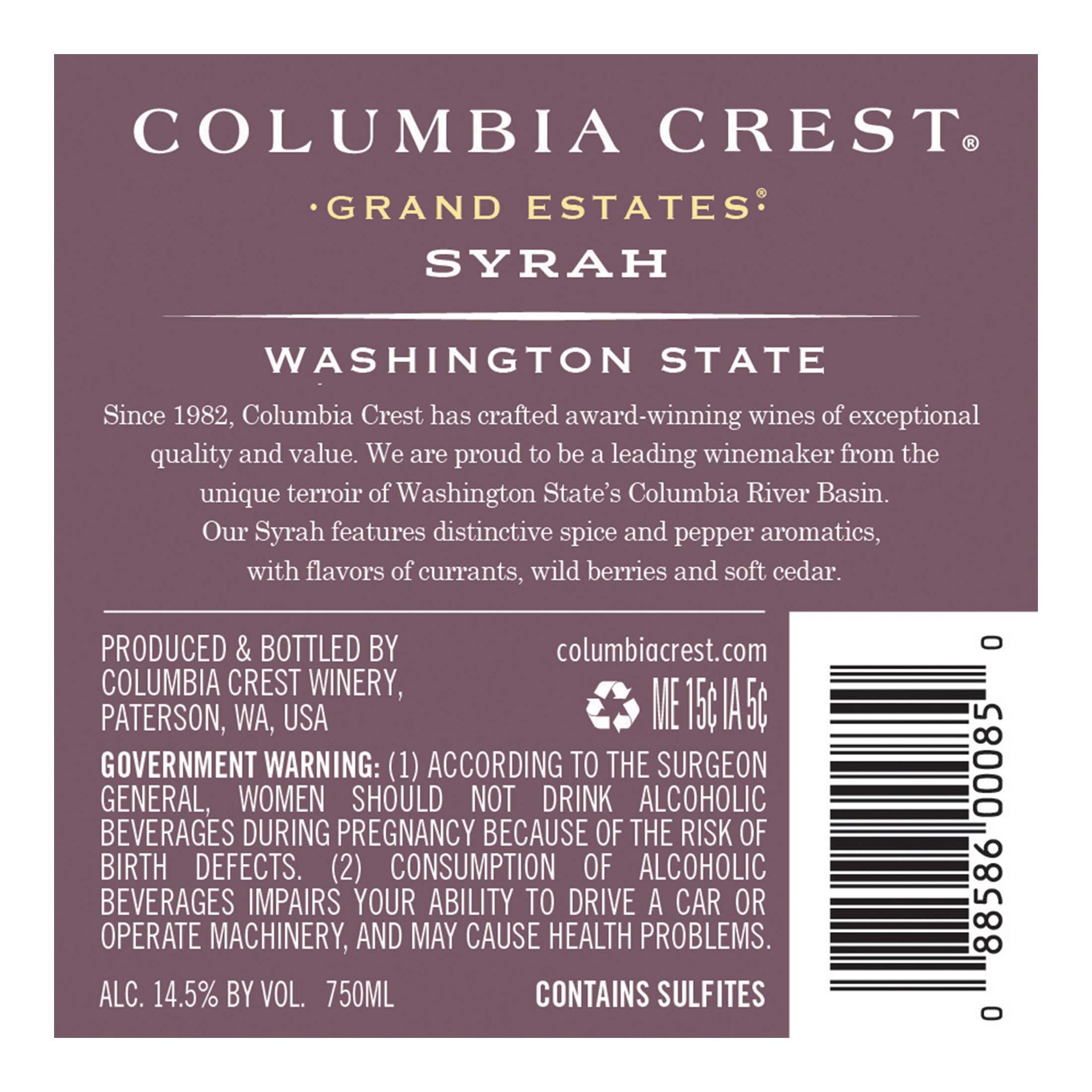 slide 5 of 7, Columbia Crest Grand Estates Syrah, Red Wine, 750 mL Bottle, 750 ml