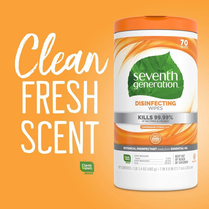 slide 6 of 7, Seventh Generation Lemongrass Citrus Disinfecting Wipes - 70ct, 70 ct