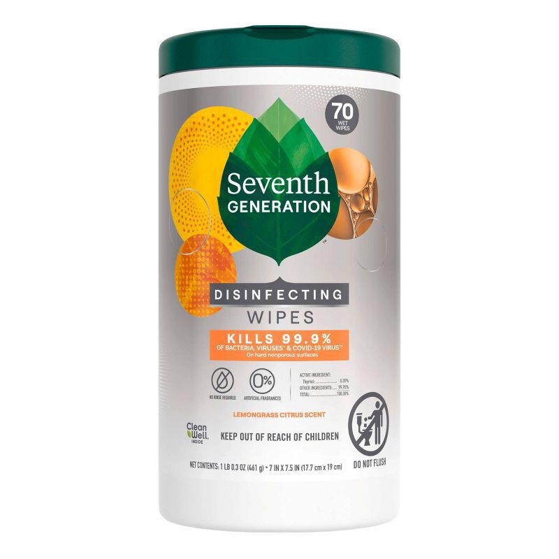 slide 1 of 8, Seventh Generation Lemongrass Citrus Disinfecting Wipes - 70ct, 70 ct