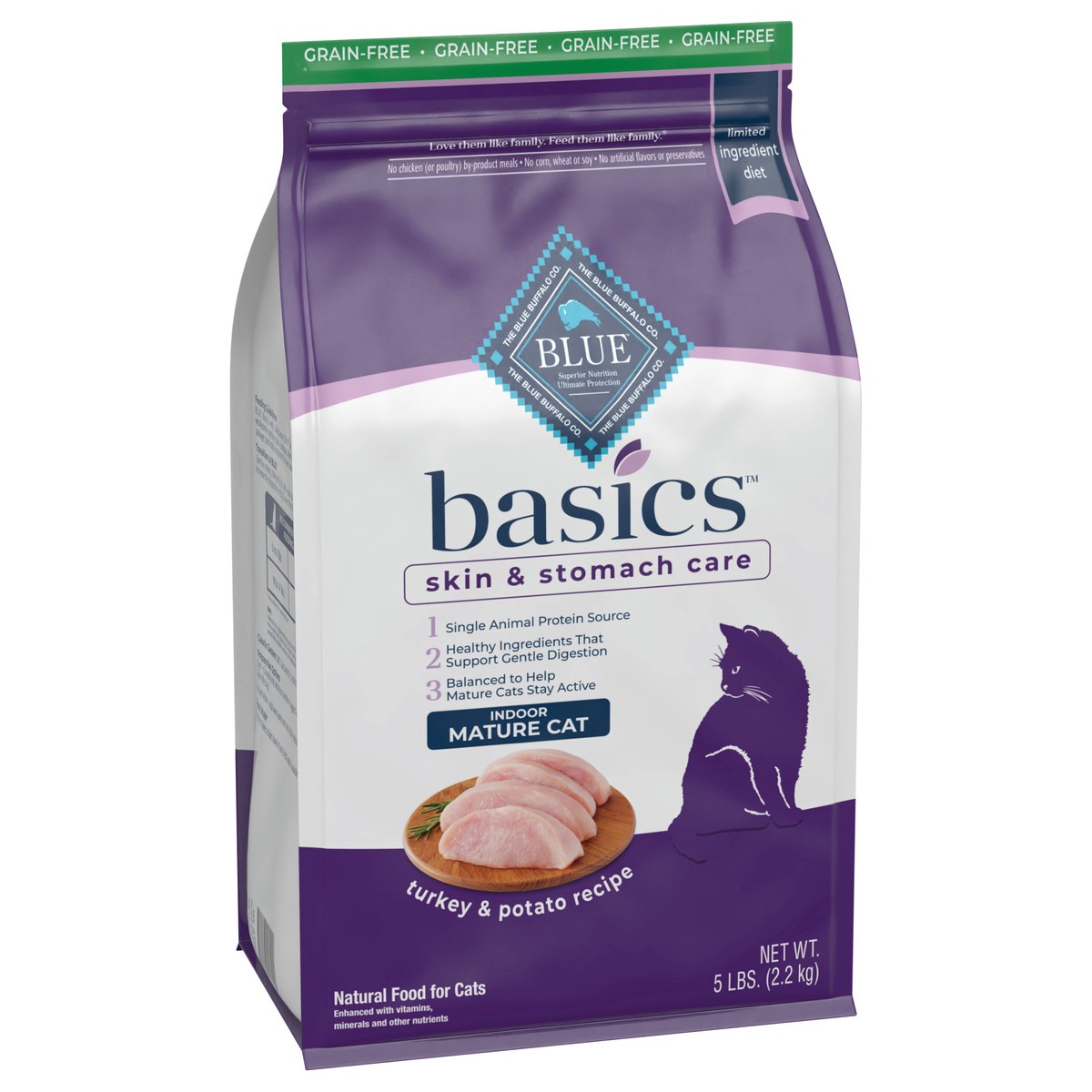 slide 2 of 9, Blue Buffalo Blue Basics Mature Grain-Free Turkey and Potato Recipe Dry Cat Food, 5 lb