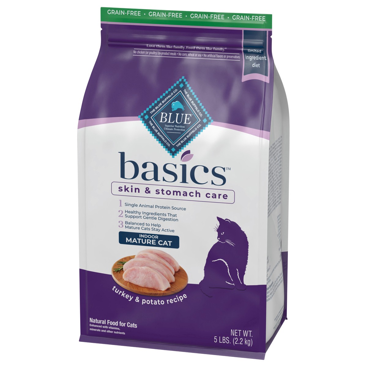 slide 3 of 9, Blue Buffalo Blue Basics Mature Grain-Free Turkey and Potato Recipe Dry Cat Food, 5 lb