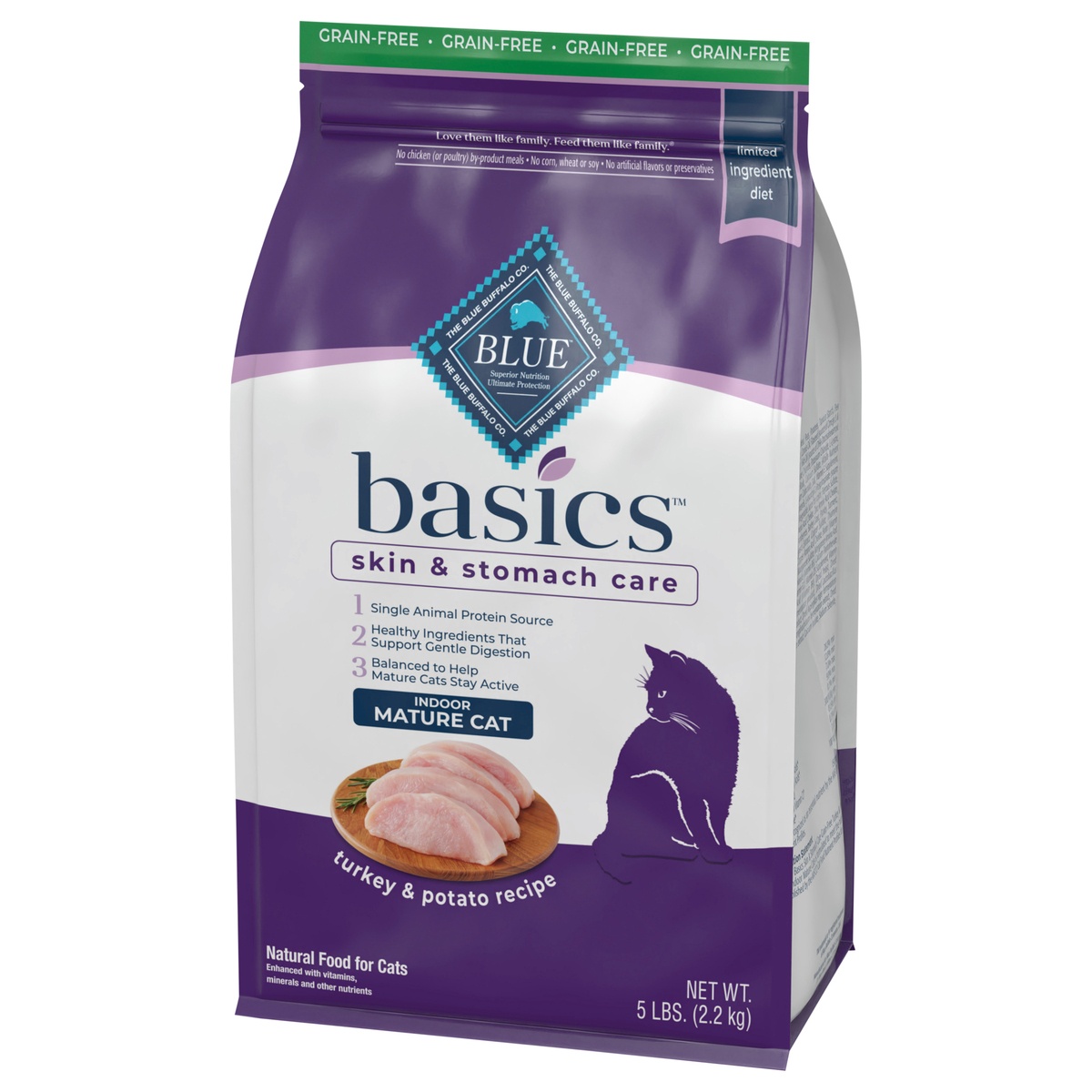 slide 3 of 10, Blue Buffalo Blue Basics Mature Grain-Free Turkey and Potato Recipe Dry Cat Food, 5 lb