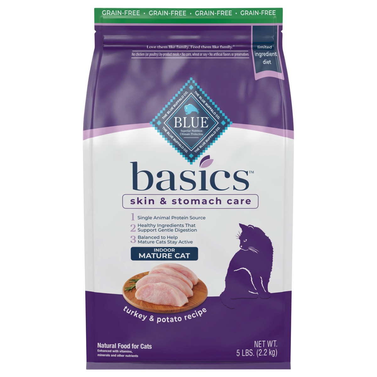 slide 1 of 9, Blue Buffalo Blue Basics Mature Grain-Free Turkey and Potato Recipe Dry Cat Food, 5 lb