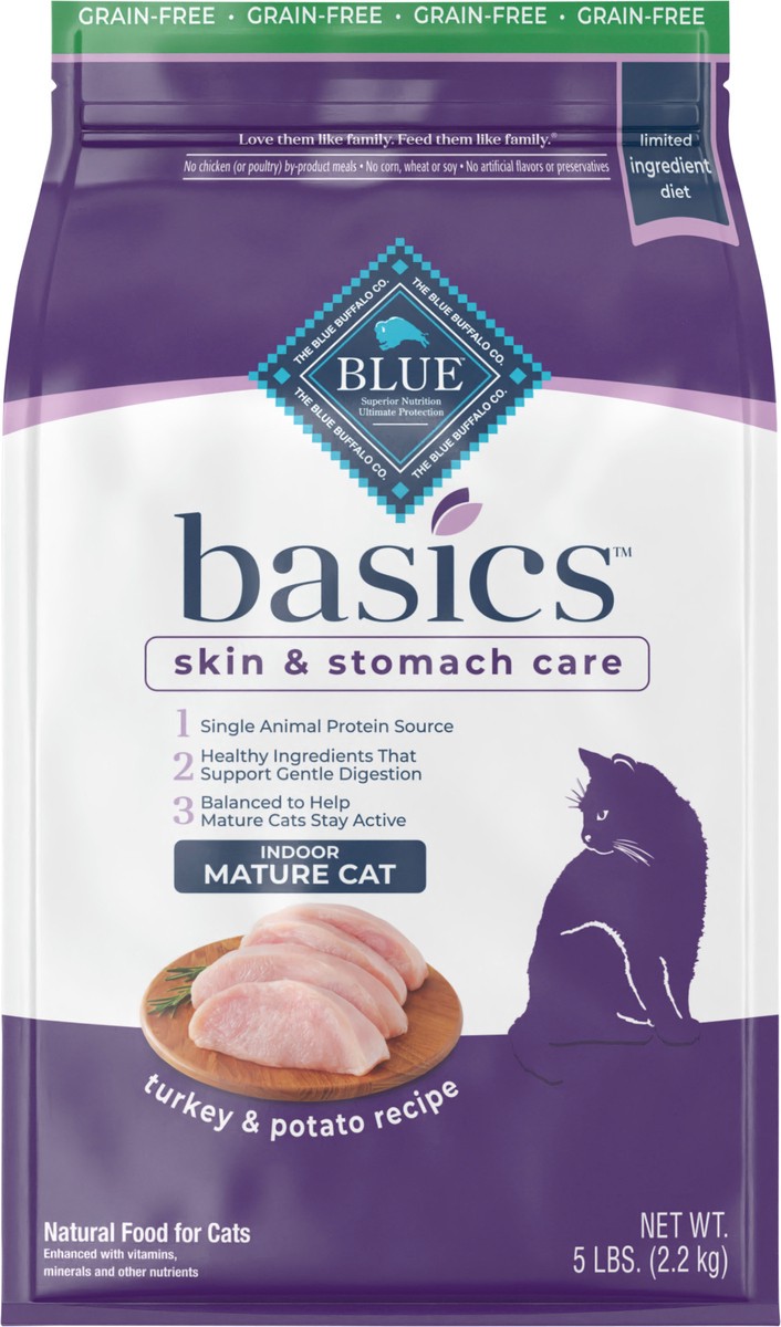 slide 6 of 9, Blue Buffalo Blue Basics Mature Grain-Free Turkey and Potato Recipe Dry Cat Food, 5 lb