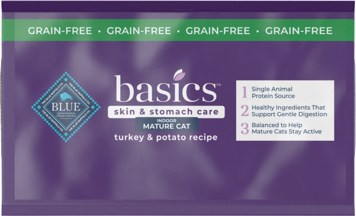 slide 7 of 10, Blue Buffalo Blue Basics Mature Grain-Free Turkey and Potato Recipe Dry Cat Food, 5 lb
