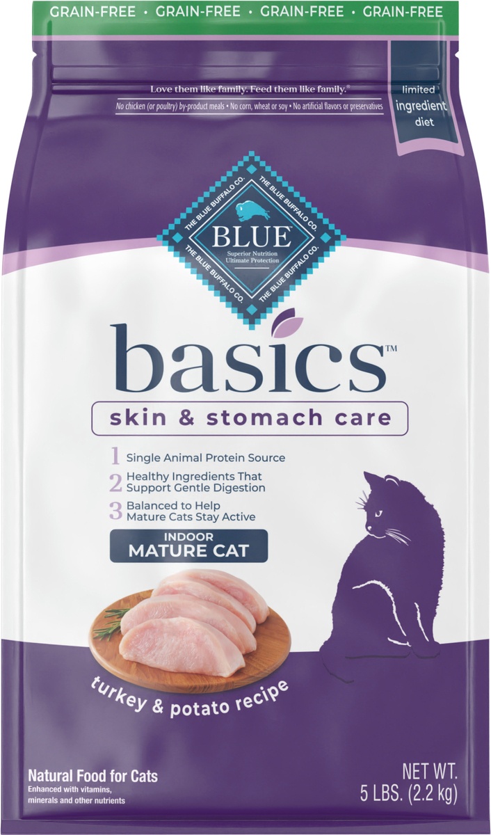 slide 8 of 10, Blue Buffalo Blue Basics Mature Grain-Free Turkey and Potato Recipe Dry Cat Food, 5 lb