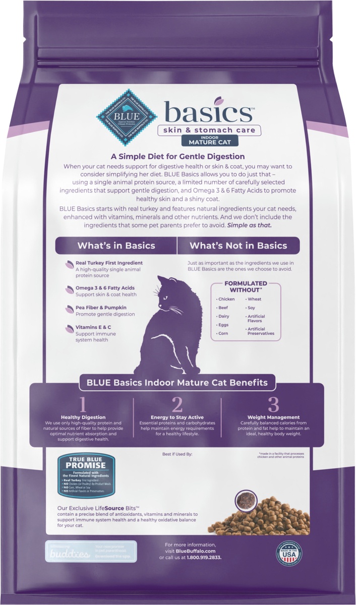 slide 9 of 10, Blue Buffalo Blue Basics Mature Grain-Free Turkey and Potato Recipe Dry Cat Food, 5 lb