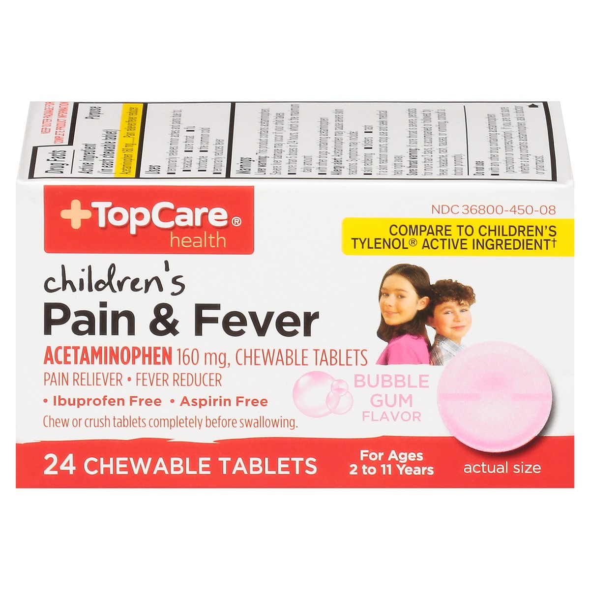 slide 9 of 10, TopCare Health Children's Bubble Gum Flavor 160 mg Pain & Fever 24 Chewable Tablets, 24 ct