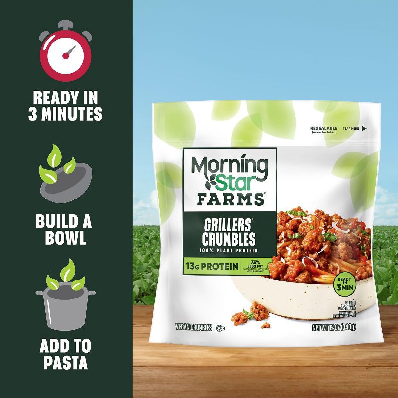 slide 4 of 6, MorningStar Farms Meal Starters Frozen Vegan Crumbles Grillers - 12oz, 12 oz