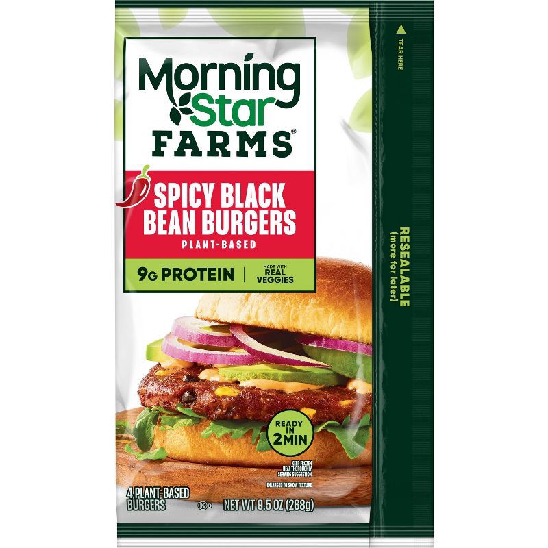 slide 2 of 7, Morningstar Farms Spicy Black Bean Veggie Burgers - Frozen - 9.5oz/4ct, 4 ct; 9.5 oz