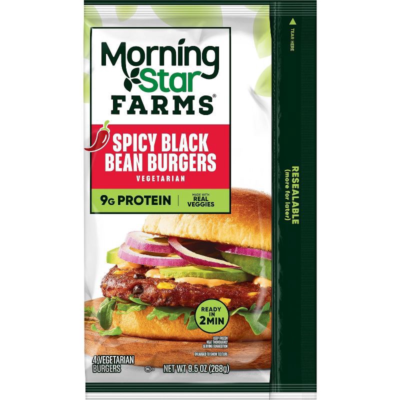 slide 2 of 7, MorningStar Farms Veggie Frozen Burgers Spicy Black Bean - 9.5oz/4ct, 4 ct; 9.5 oz