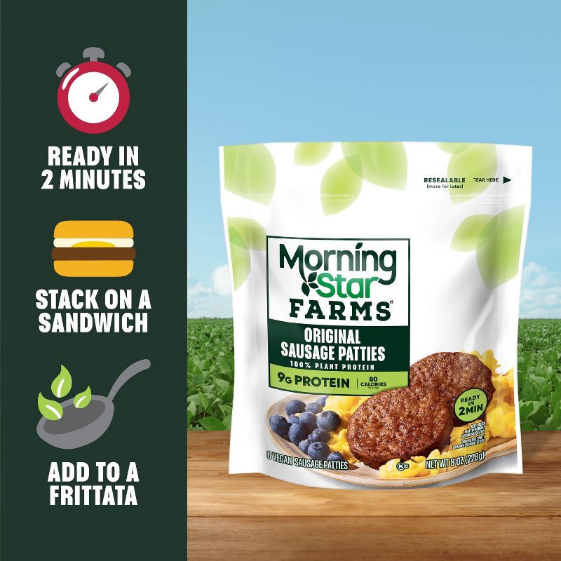 slide 5 of 7, MorningStar Farms Veggie Frozen Breakfast Plant Based Sausage Patties Original - 8oz/6ct, 6 ct; 8 oz