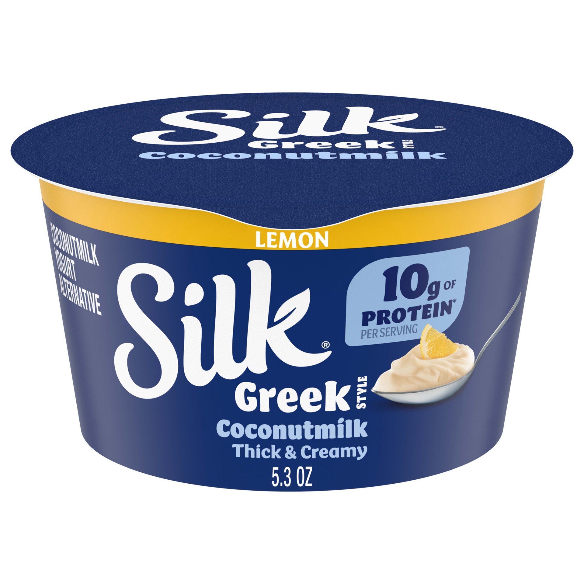 slide 1 of 5, Silk Lemon Dairy Free, Greek Style Coconut Milk Yogurt Alternative, Thick and Creamy Plant Based Yogurt with 10 Grams of Protein, 5.3 OZ Container, 5.3 oz