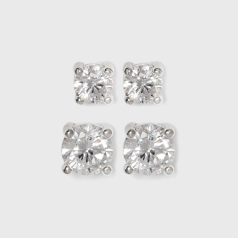 slide 1 of 2, Sterling Silver Duo Round Cubic Zirconia Stud Earring Set 2pc - A New Day™ Clear: Tarnish-Resistant, Nickel-Free, 2 ct