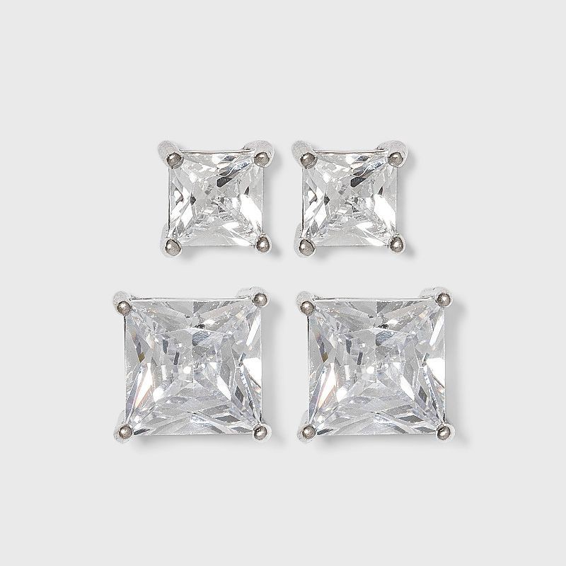 slide 1 of 2, Sterling Silver Cubic Zirconia Duo Square Stud Earring Set - A New Day™ Clear: Nickel-Free, Polished Finish, Basket Setting, 1 ct