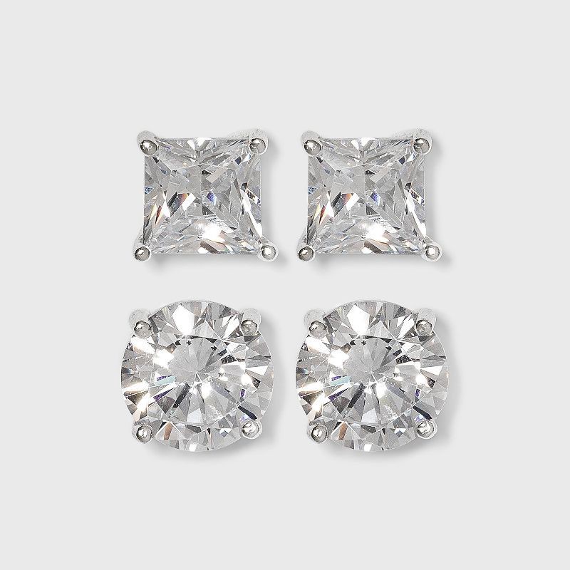 slide 1 of 2, Sterling Silver Cubic Zirconia Duo Stud Earring Set 2pc - A New Day™ Clear: Nickel-Free, Polished Finish, 2 ct