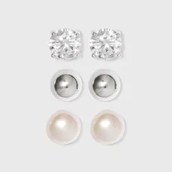 Distributed by Target Sterling Silver Cubic Zirconia Stud Earring Set 3pc - Silver/Pearl: Polished Nickel-Free Metal, Simulated Stones