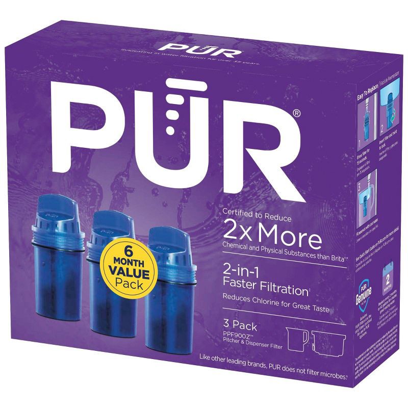 slide 2 of 11, PUR Filtration PUR Water Pitcher Replacement Filter - 3 Pack: Reduces Odors, Filters Chlorine & Mercury, 40 Gallon Life, Blue, 3 ct, 40 gal