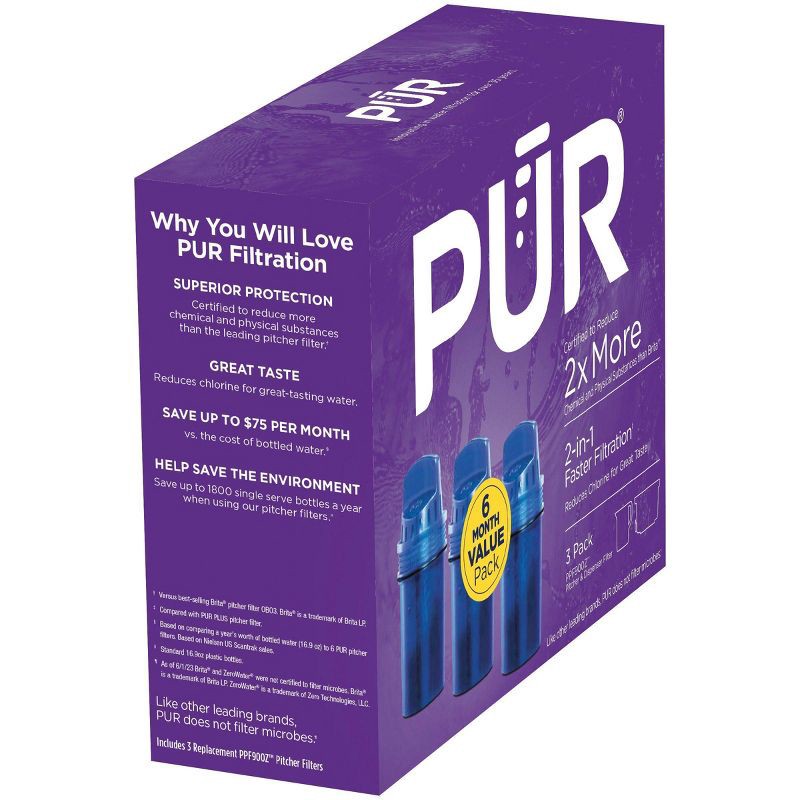 slide 9 of 11, PUR Filtration PUR Water Pitcher Replacement Filter - 3 Pack: Reduces Odors, Filters Chlorine & Mercury, 40 Gallon Life, Blue, 3 ct, 40 gal