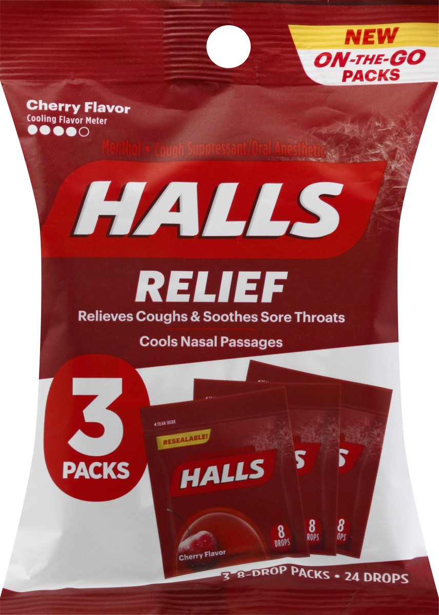 slide 3 of 11, HALLS Relief Cherry Cough Drops, 3 On-the-Go Packs of 8 Drops (24 Drops Total)
, 2.62 oz