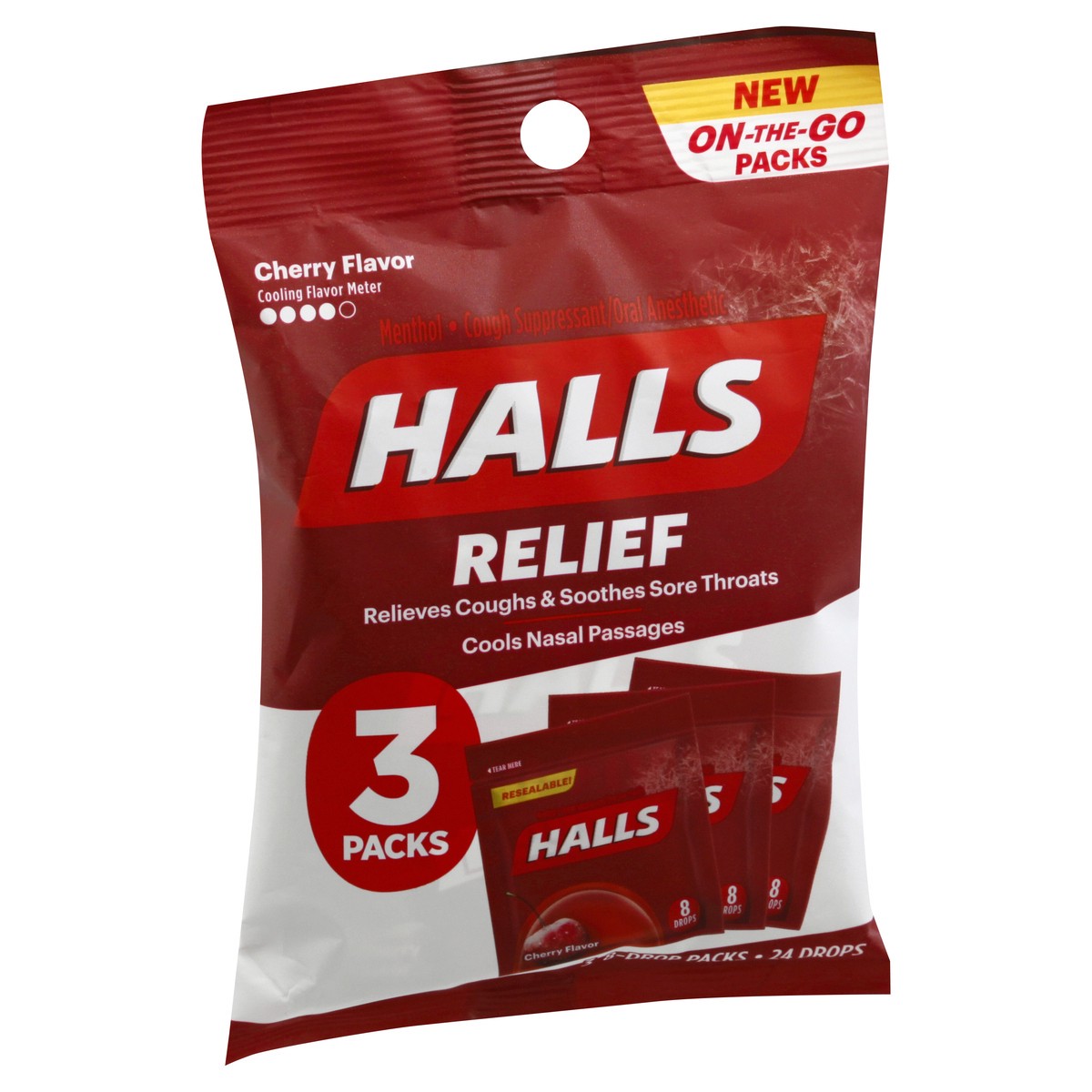 slide 4 of 11, HALLS Relief Cherry Cough Drops, 3 On-the-Go Packs of 8 Drops (24 Drops Total)
, 2.62 oz
