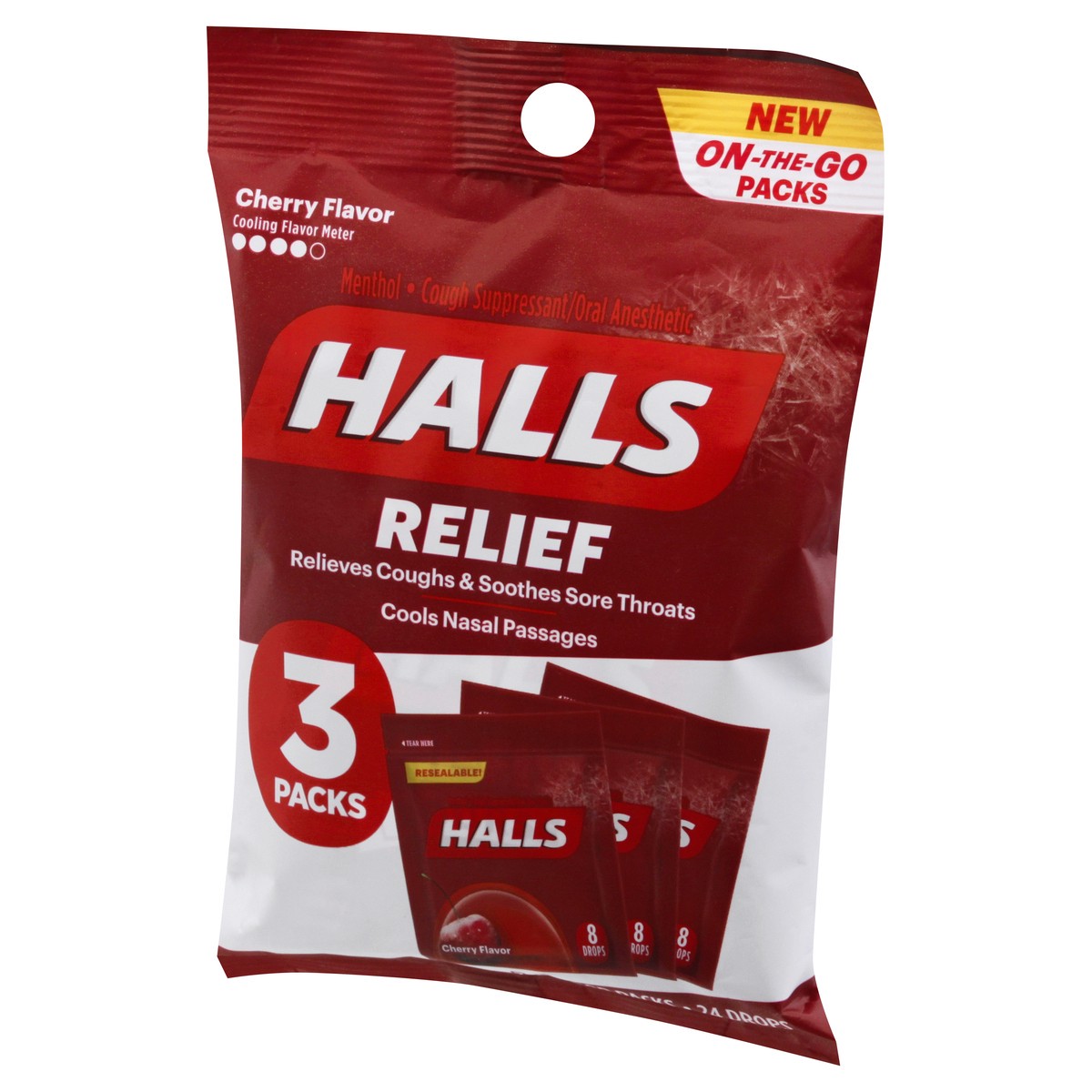 slide 5 of 11, HALLS Relief Cherry Cough Drops, 3 On-the-Go Packs of 8 Drops (24 Drops Total)
, 2.62 oz