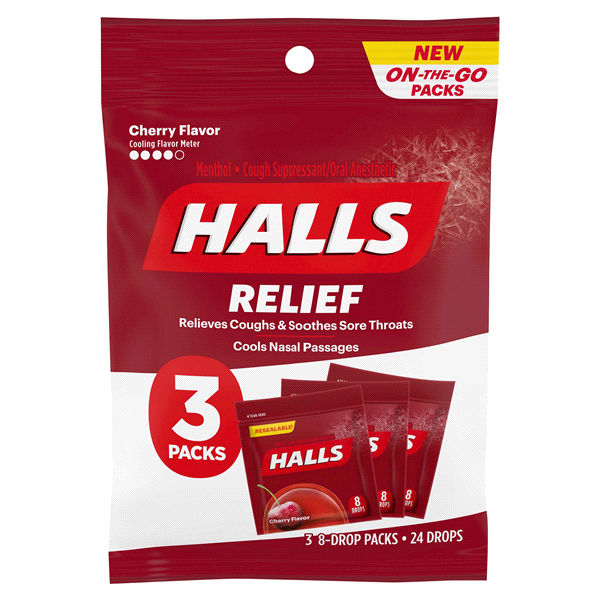 slide 1 of 1, Halls Relief Cherry Flavor Cough Suppressant/Oral Anesthetic, 24 ct