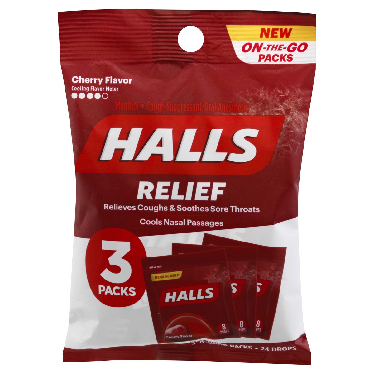 slide 1 of 11, HALLS Relief Cherry Cough Drops, 3 On-the-Go Packs of 8 Drops (24 Drops Total)
, 2.62 oz
