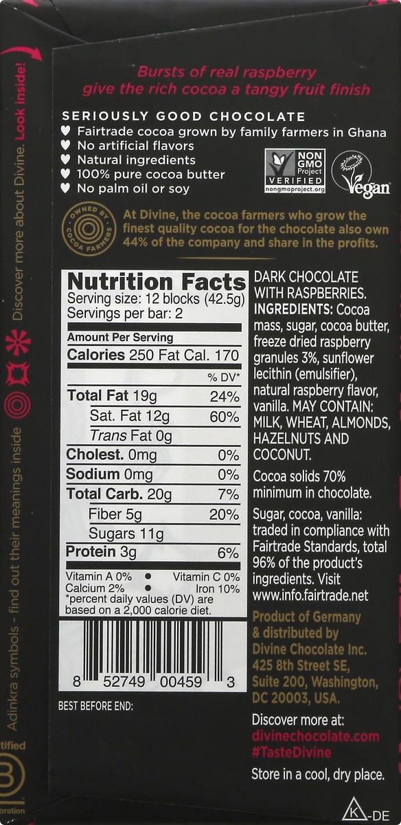 slide 4 of 9, Divinechoc 70% Dark Chocolate Bar With Raspberries, 3 oz