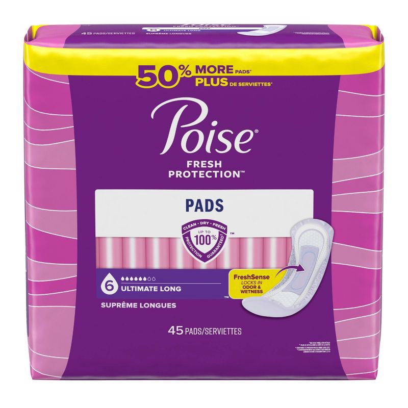 slide 2 of 5, Poise Incontinence Pads for Women - Ultimate Absorbency - 6 Drop - Long - 45ct, 45 ct