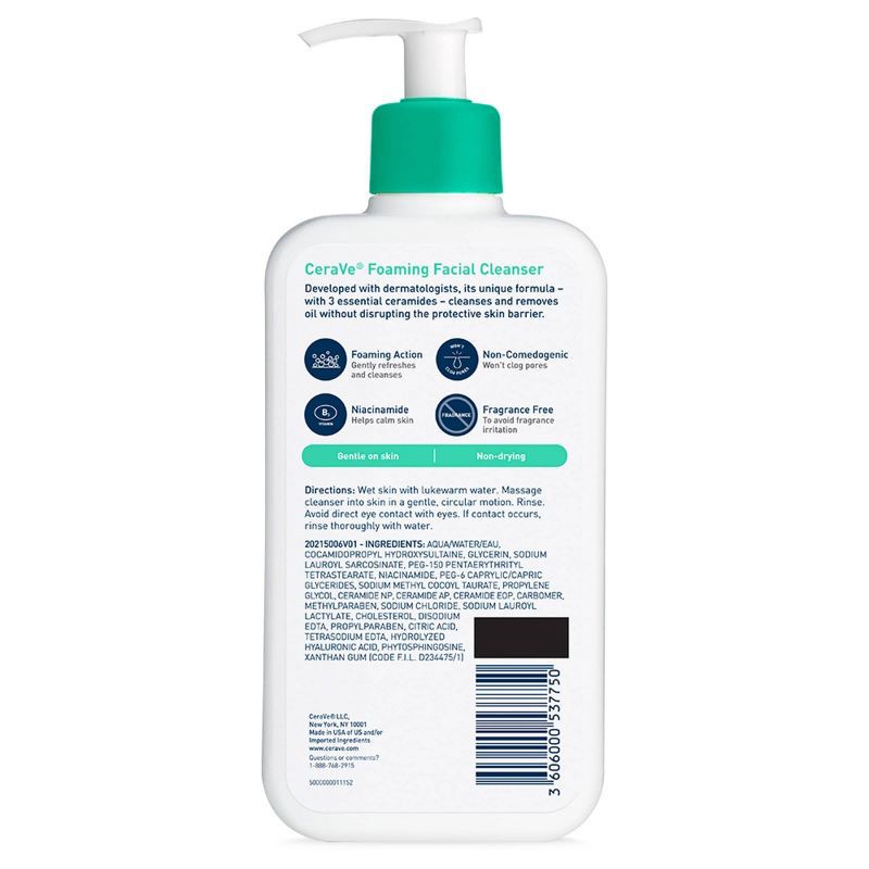 slide 8 of 10, CeraVe Foaming Face Wash for Oily Skin with Hyaluronic Acid and Niacinamide - Fragrance Free - 12 fl oz, 12 fl oz
