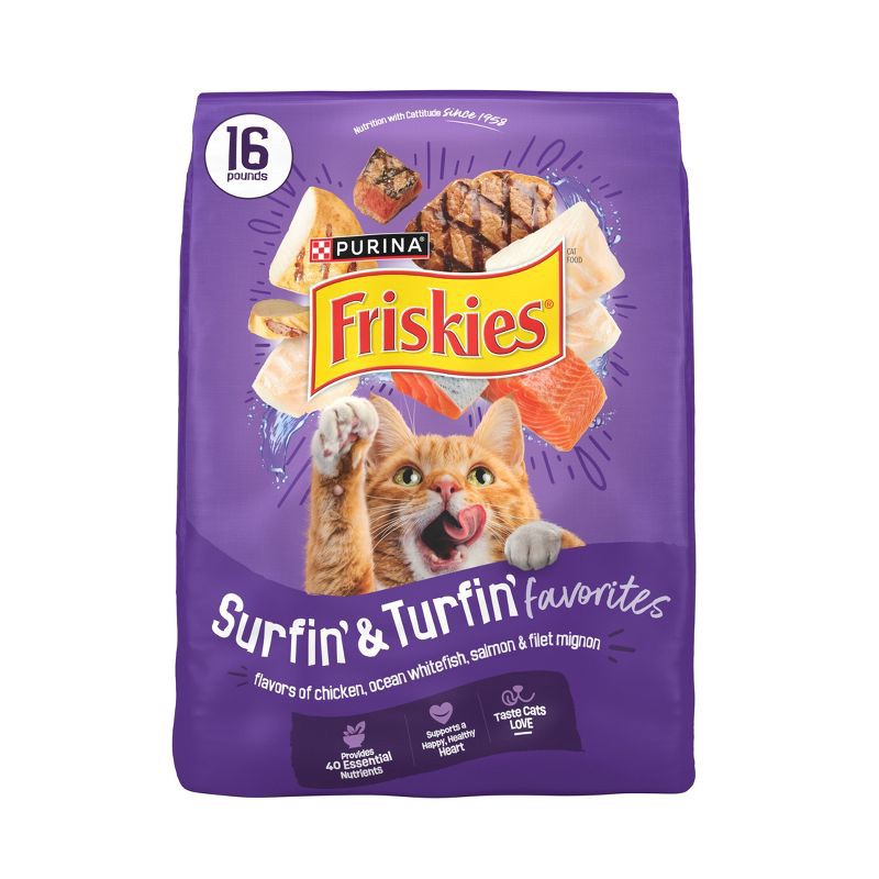 slide 1 of 13, Purina Friskies Surfin&Turfin Favorites with Flavors of Chicken, Seafood & Beef Filet Adult Balanced Dry Cat Food - 16lbs, 16 lb