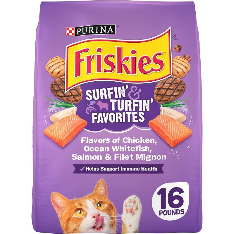 slide 1 of 7, Purina Friskies Surfin&Turfin Favorites with Flavors of Chicken, Seafood & Beef Filet Adult Balanced Dry Cat Food - 16lbs, 16 lb