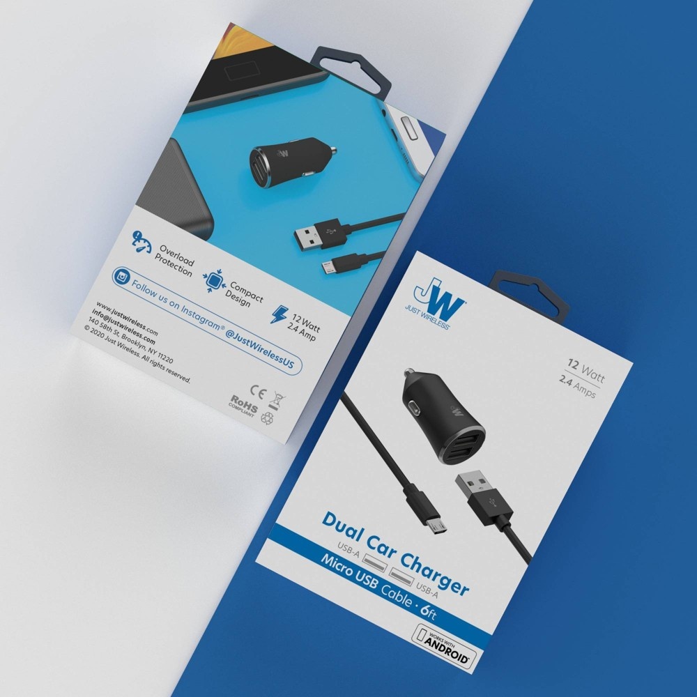 Just Wireless 2.4A/12W 2Port USBA Car Charger with TPU Micro USB to