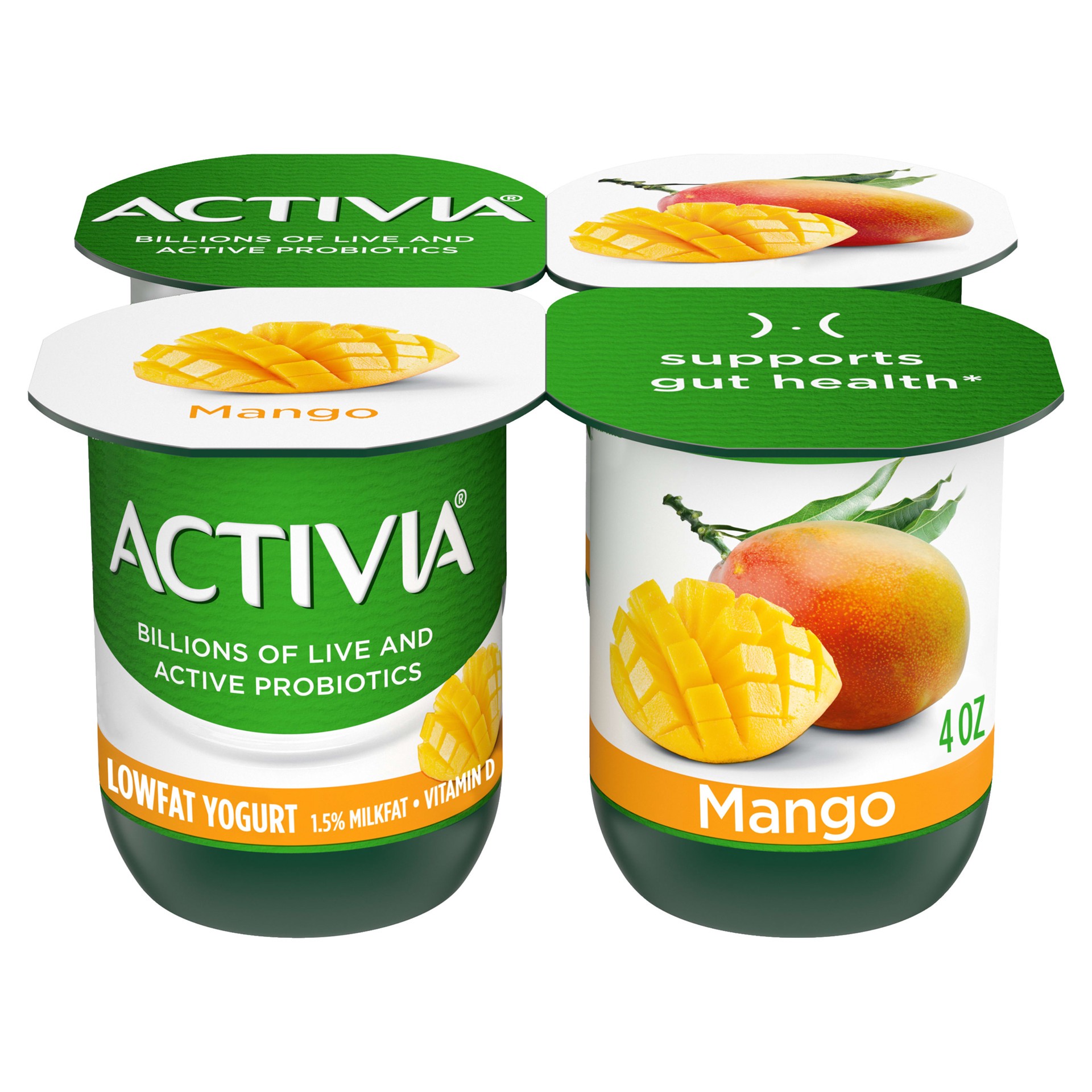 slide 1 of 7, Activia Mango Probiotic Yogurt, Delicious Lowfat Yogurt Cups to Help Support Gut Health, 4 Ct, 4 OZ, 4 oz