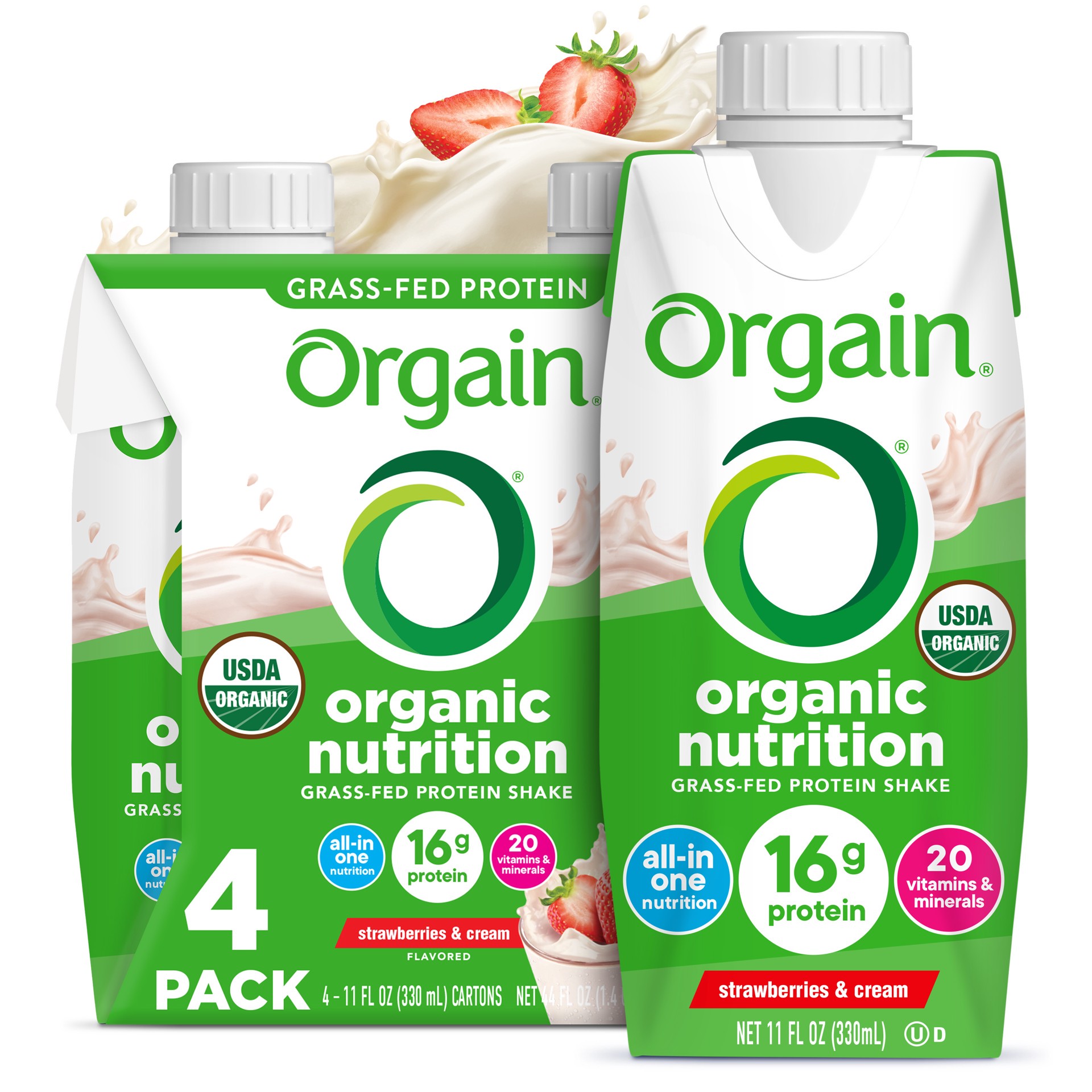 slide 1 of 8, Orgain Organic Nutrition Shake, Grass Fed Protein, Strawberries & Cream 11oz, 4ct, 44 fl oz