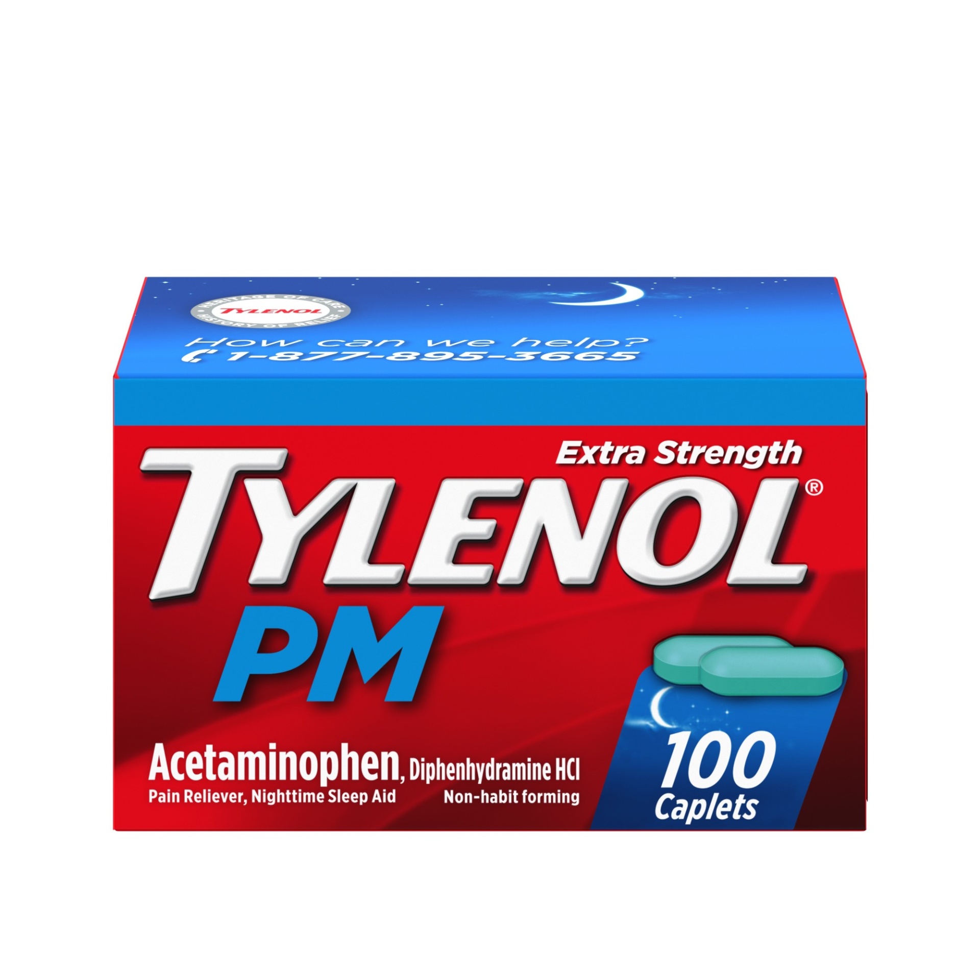 slide 1 of 6, Tylenol PM Extra Strength Nighttime Pain Reliever & Sleep Aid Caplets, 500 mg Acetaminophen & 25 mg Diphenhydramine HCl, Relief for Nighttime Aches & Pains, Non-Habit Forming, 100 ct