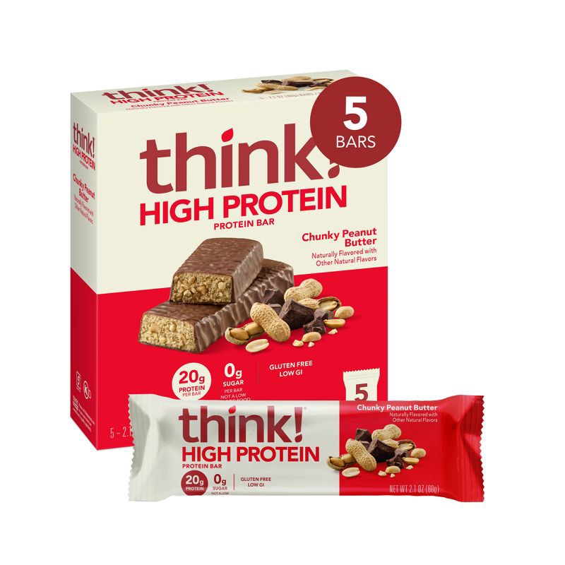 slide 2 of 9, think! High Protein Chunky Peanut Butter Bars - 5ct, 5 ct