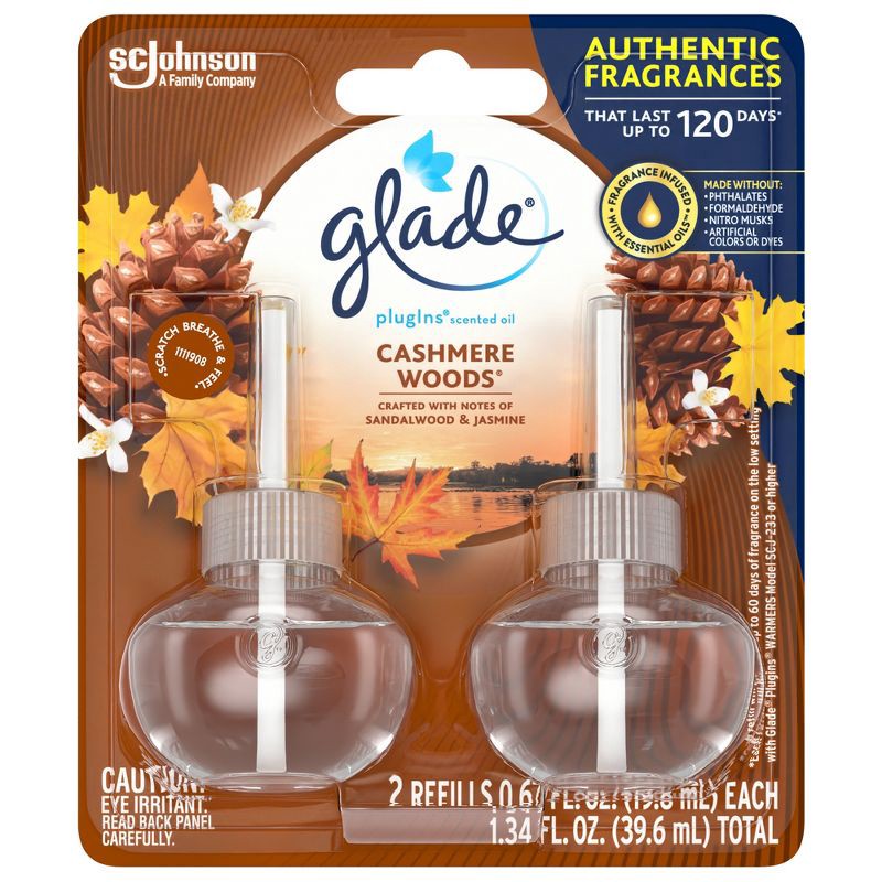 slide 4 of 13, Glade PlugIns Scented Oil Air Freshener - Cashmere Woods Refill - 1.34oz/2pk, 2 ct; 1.34 oz
