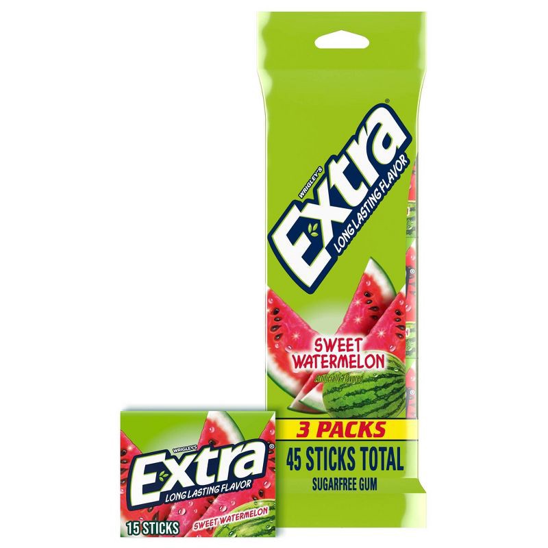 slide 1 of 9, Extra Sugar-Free Sweet Watermelon Gum - 15ct/3pk, 15 ct, 3 ct