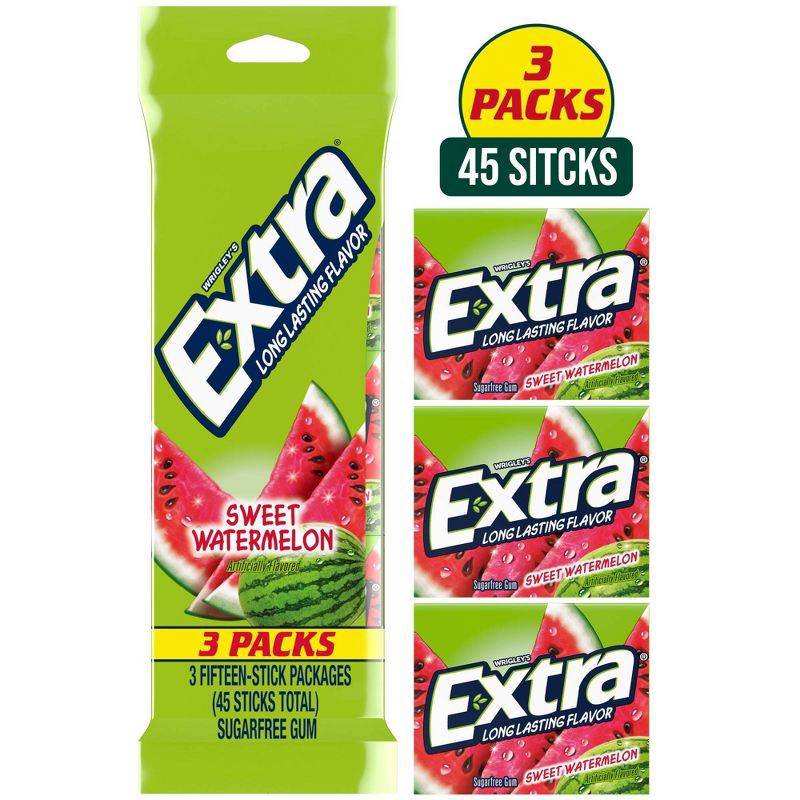 slide 1 of 8, Extra Sweet Watermelon Sugar-Free Gum - 15 sticks/3pk, 3 ct