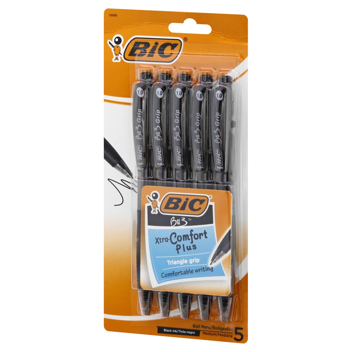 slide 8 of 8, BIC Bu3 Grip Xtra Comfort Plus Black Ink Medium Ball Pens 5 ea, 5 ct