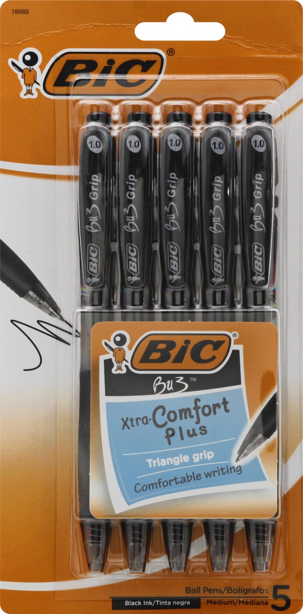 slide 1 of 8, BIC Bu3 Grip Xtra Comfort Plus Black Ink Medium Ball Pens 5 ea, 5 ct