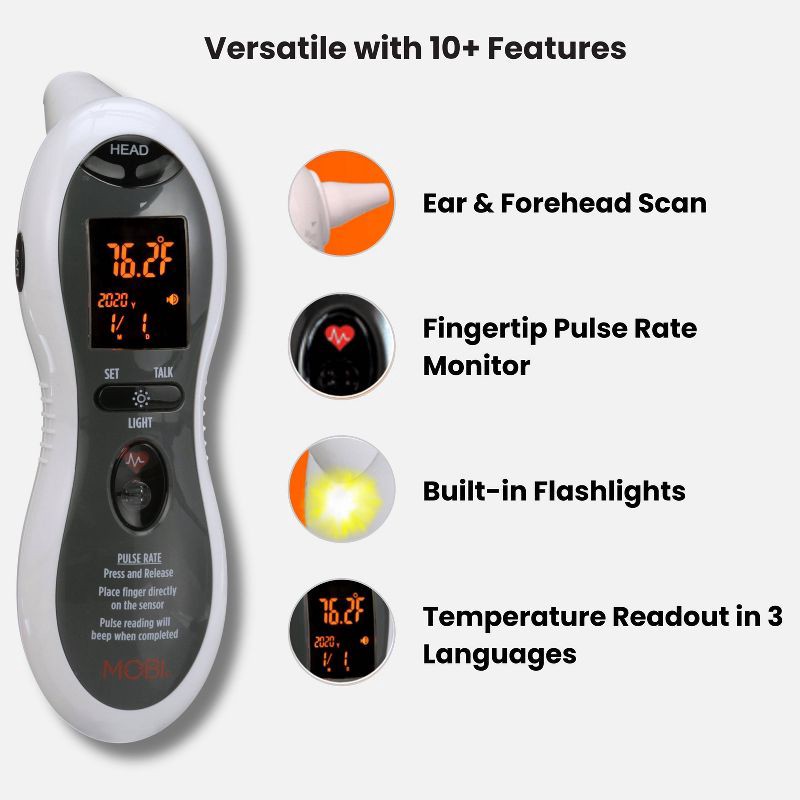 slide 2 of 7, MOBI Ultra Pulse Digital Thermometer Talking Ear and Forehead Temp with Soft Probe Tip for All Ages, 1 ct