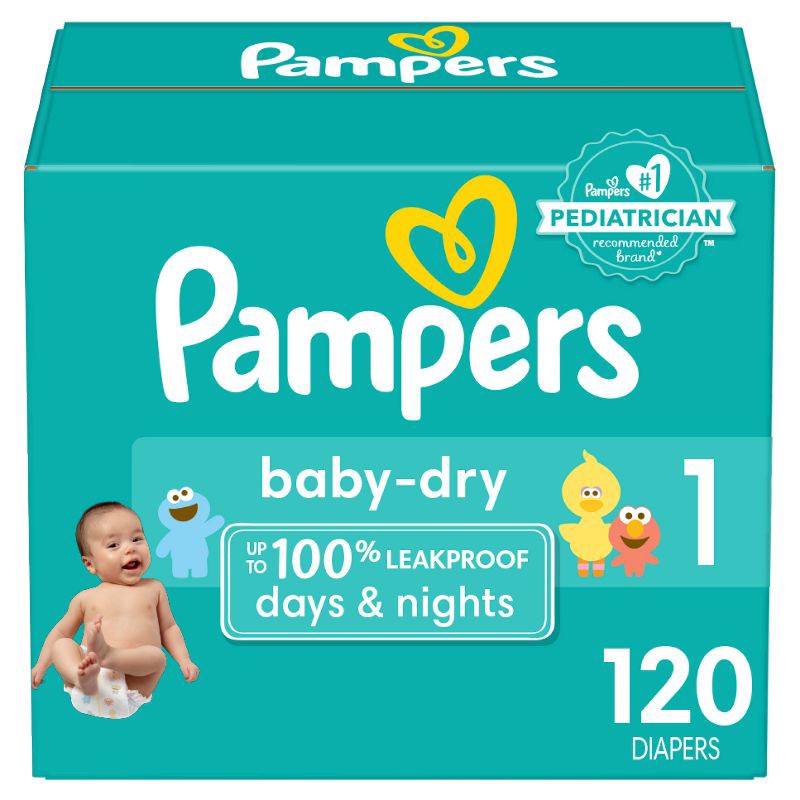 slide 1 of 9, Sesame Street Pampers Baby Dry Diapers Super Pack - Size 1 - 120ct, 120 ct