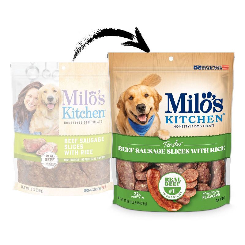slide 3 of 8, Milo's Kitchen Beef Sausage & Rice Slices Chewy Dog Treats - 18oz, 18 oz